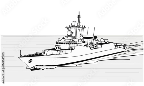 Monochrome Naval Warship Frigate Sailing at Speed