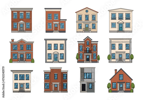 Collection of various architectural building facades with windows and doors in different styles.