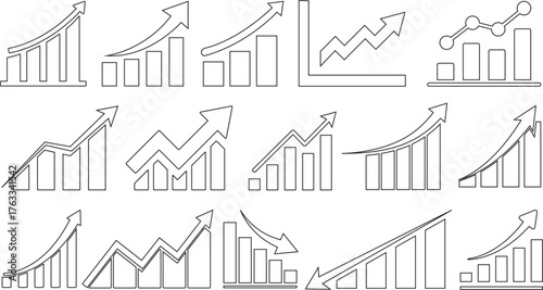 Growing Graph icon set.A dynamic illustration featuring a rising chart with arrow, business bar sign, and progress bar symbol, representing success and profit growth. Ideal for apps, websites.