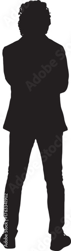 vector,  silhouette of back view of a man dressed in jacket standing, amrs crossed,