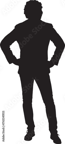 vector, silhouette of front view of a man dressed in jacket standing