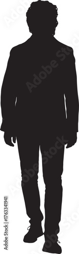 vector,  silhouette of front view of a man dressed in jacket walking