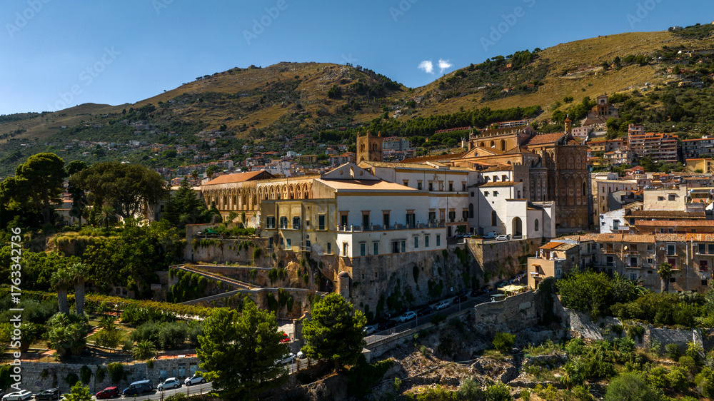 Naklejka premium View of Monreale Cathedral. It is a Catholic church, a masterpiece of Norman architecture, located in the historic center of the town in the metropolitan city of Palermo, Sicily, Italy.