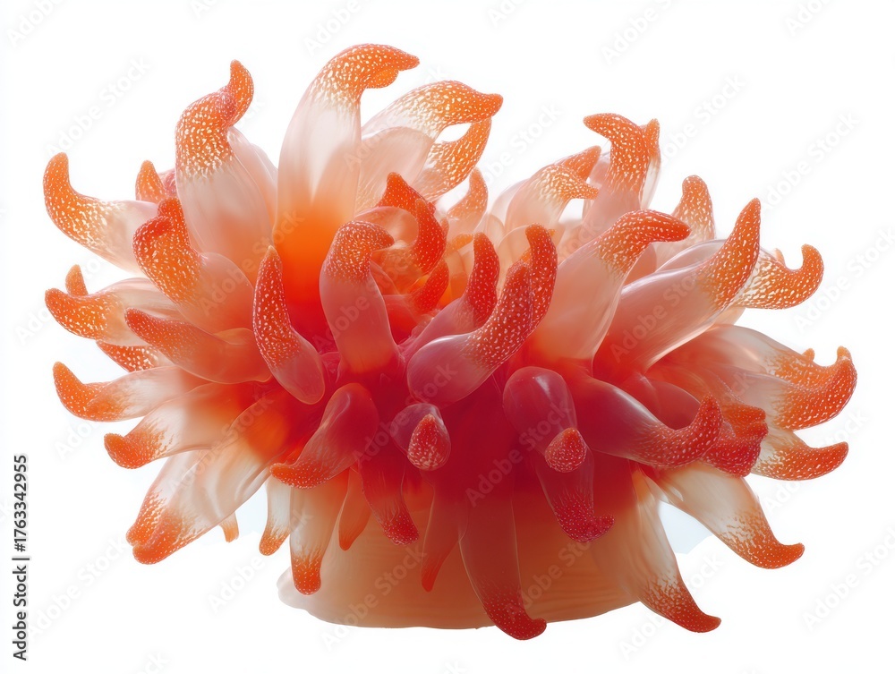 Fototapeta premium Elegant sea anemone displaying its tentacles in a studio shot on a white background showcasing its vibrant orange color and translucent texture