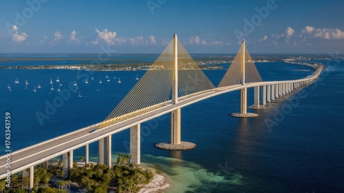 Sunshine Skyway Bridge aerial view crossing Tampa Bay Florida scenic landscape transportation architecture engineering