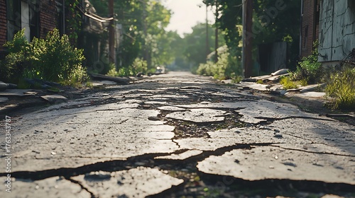 A cracked, damaged road filled with potholes in an underdeveloped neighborhood, with overgrown vegetation