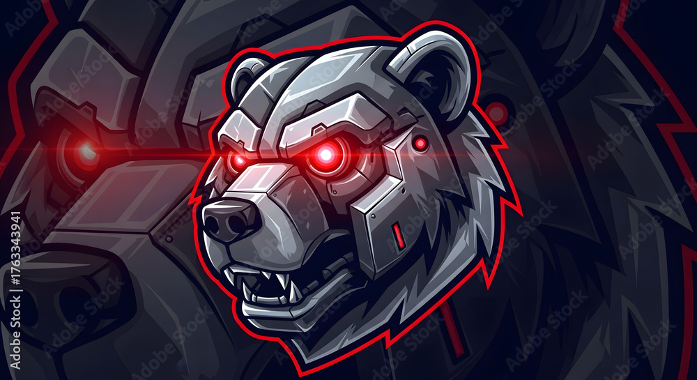 Fototapeta premium Fierce robotic bear head with glowing red eyes, a powerful and aggressive symbol perfect for gaming esports logos and tech brands seeking a bold statement.