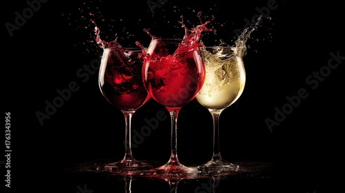 Three wine glasses with splashing liquid on black background studio shot close up of red and white wine in motion
