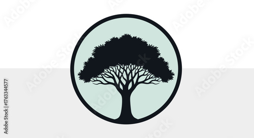 Black Silhouette of a Mighty Tree in an Oval Frame - Nature, Ecology, or Corporate Logo Concept Vector