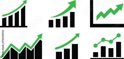 Growing Graph icon set.A dynamic illustration featuring a rising chart with arrow, business bar sign, and progress bar symbol, representing success and profit growth. Ideal for apps, websites.