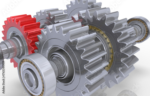 3D Präzisionsgetriebe mit Zahnrädern und Ritzel und einem roten Zahnrad mit Kugellager verchromt, freigestellt

