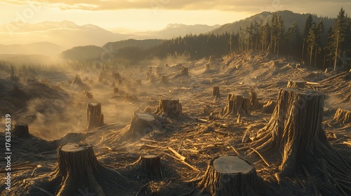 A hillside covered in deforested tree stumps and sawdust, symbolizing logging and deforestation