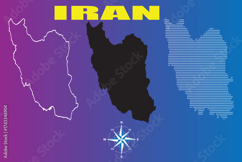 Iran map vector set. Collection of country shapes including outline, solid silhouette, dotted, and hatched line style.