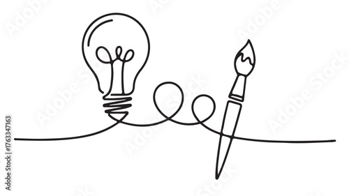 Continuous line drawing of a lightbulb and paintbrush symbolizing creativity and innovation
