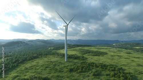 A wind turbine standing in a field of green, symbolizing renewable energy solutions for climate change