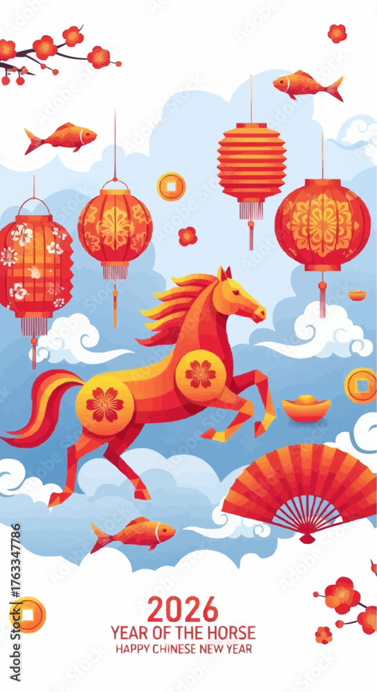 Obraz premium 2026 Year of the Horse Chinese New Year Vector Illustration | Modern Geometric Asian Holiday Art,Chinese, NewYear, Horse, 2026, Zodiac, Vector, Illustration, Lantern, Festival, Asia, Culture, Modern, 