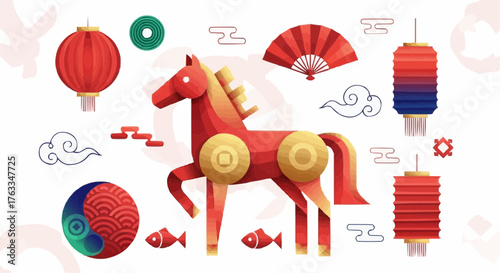 2026 Year of the Horse Chinese New Year Vector Illustration | Modern Geometric Asian Holiday Art,Chinese, NewYear, Horse, 2026, Zodiac, Vector, Illustration, Lantern, Festival, Asia, Culture, Modern,
