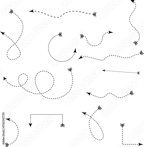 Collection of hand drawn dotted arrows showing different directions and movements