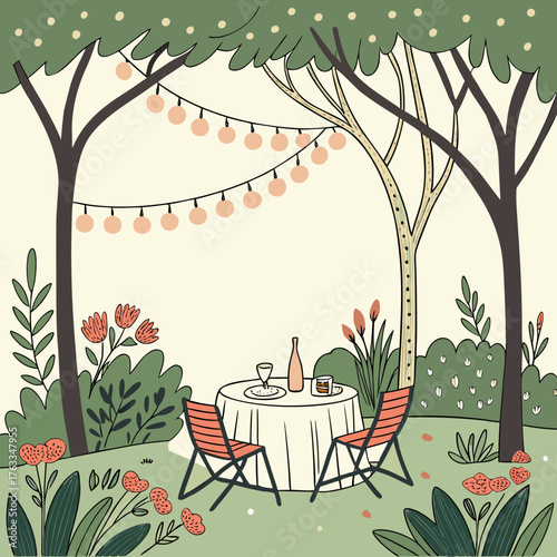 Vector art of romantic dinner in garden