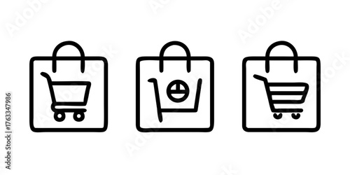 shopping bag icon set online purchase shopping cart trolley symbol outline style illustration vector design.