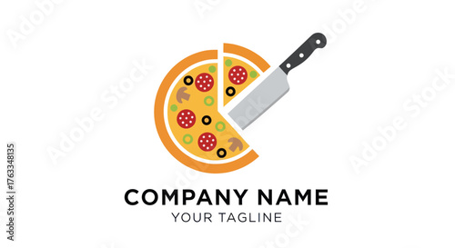 Pizza Slice Cut by Knife - Culinary Logo for Pizzeria or Food Business.