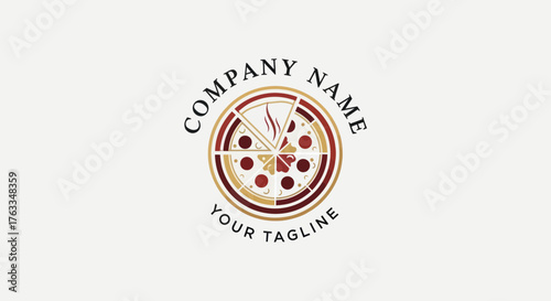 Vintage style pizzeria logo with a sliced pepperoni pizza.