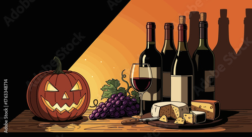 A festive Halloween still life featuring a carved pumpkin, an assortment of wine bottles, a glass of red wine, grapes, and a cheese board on a wooden table.