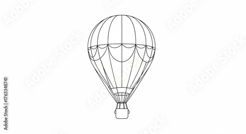 Detailed black and white line art illustration of a classic hot air balloon with basket, ready for flight and adventure.