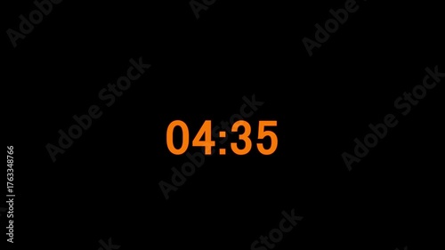 Countdown timer animation of 5 minutes on transparent background with alpha channels, 5 minutes countdown timer animation, countdown video.