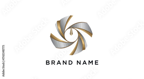 Abstract metallic aperture logo with brand name placeholder.