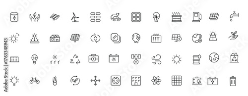 A Modern and Versatile Icon Set for Solar Energy, Renewable Resources, Eco-Friendly Solutions, and Green Technology Initiatives