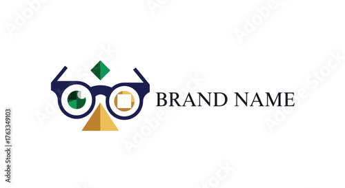 Creative logo design featuring glasses, a diamond, and a triangle, with brand name.