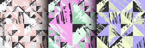 Rhombic  figures motley checkered seamless pattern set, grunge scratches and attrition fashion  texture. Trendy background, wallpaper, wrapping paper, textile, print, layout