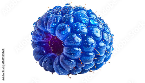 Close-up of a vibrant blue raspberry glistening with water droplets, isolated on solid white background Png