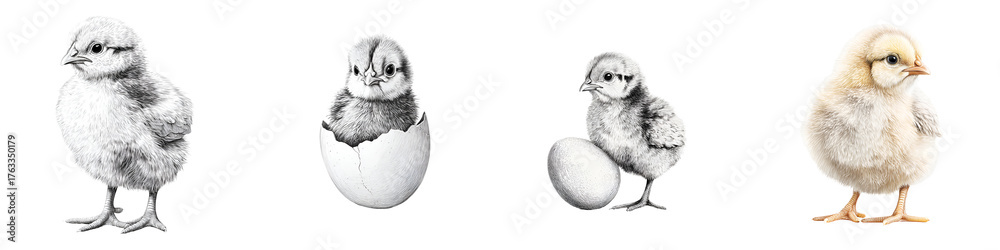Obraz premium Chick Pencil Drawing Collection: Cute Farm Animals on White