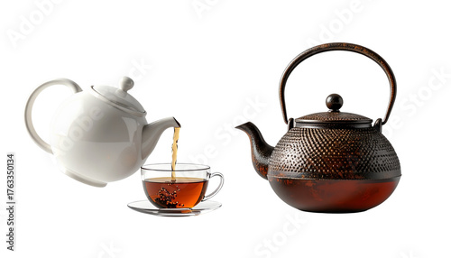 Elegant teapot pouring tea into glass cup duo in different styles, isolated on transparent background