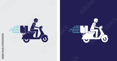 Delivery person on scooter with package and motion lines icon vector