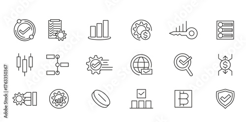 Operations line icon set. Gear, adjustments, setup, preferences, containing options, controls, service, operation, automation, productivity line icon set.