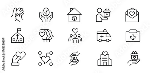 A Complete Icon Set for Charity Organizations, Fundraising Events, Nonprofit Campaigns, Donation Drives, Volunteer Programs, Social Justice, and Community Support Activities