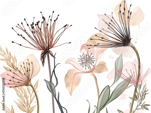 Watercolor illustration of delicate dried flowers and pale pink blossoms with muted green leaves