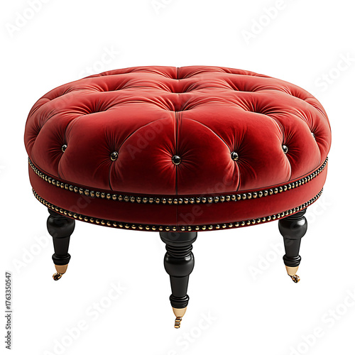 Red tufted round ottoman with wooden legs isolated on transparent background