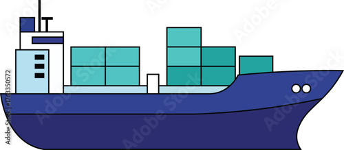 Blue cargo ship with turquoise shipping containers and light blue superstructure container ship