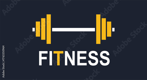 Yellow barbell weights and white text FITNESS on dark blue background weightlifting fitness