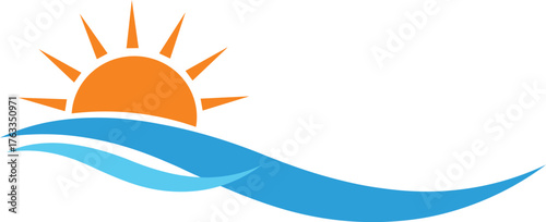 Orange sun rising over stylized blue ocean waves graphic sunrise water