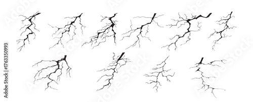 Lightning strike bolt silhouettes vector illustration set.