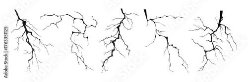 Lightning strike bolt silhouettes vector illustration set.