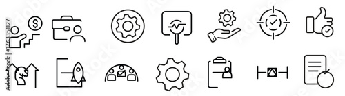 Line icons about action plan. Contains such icons as search strategy, target, scheme, timeline and workflow.Action plan set of web icons in line style. Strategy action planning icons.