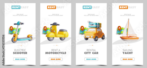 3D set of website pages, transport rental service, scooter, yacht, car, map, luggage.