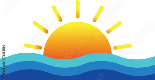Stylized yellow sun rising over blue ocean waves graphic sunrise water