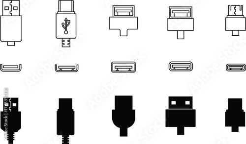 Collection of USB connector types and their corresponding ports in outline and silhouette